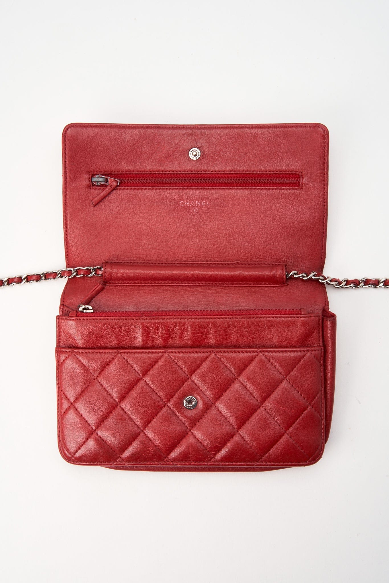 Vintage Chanel Red Lambskin Leather Wallet On Chain