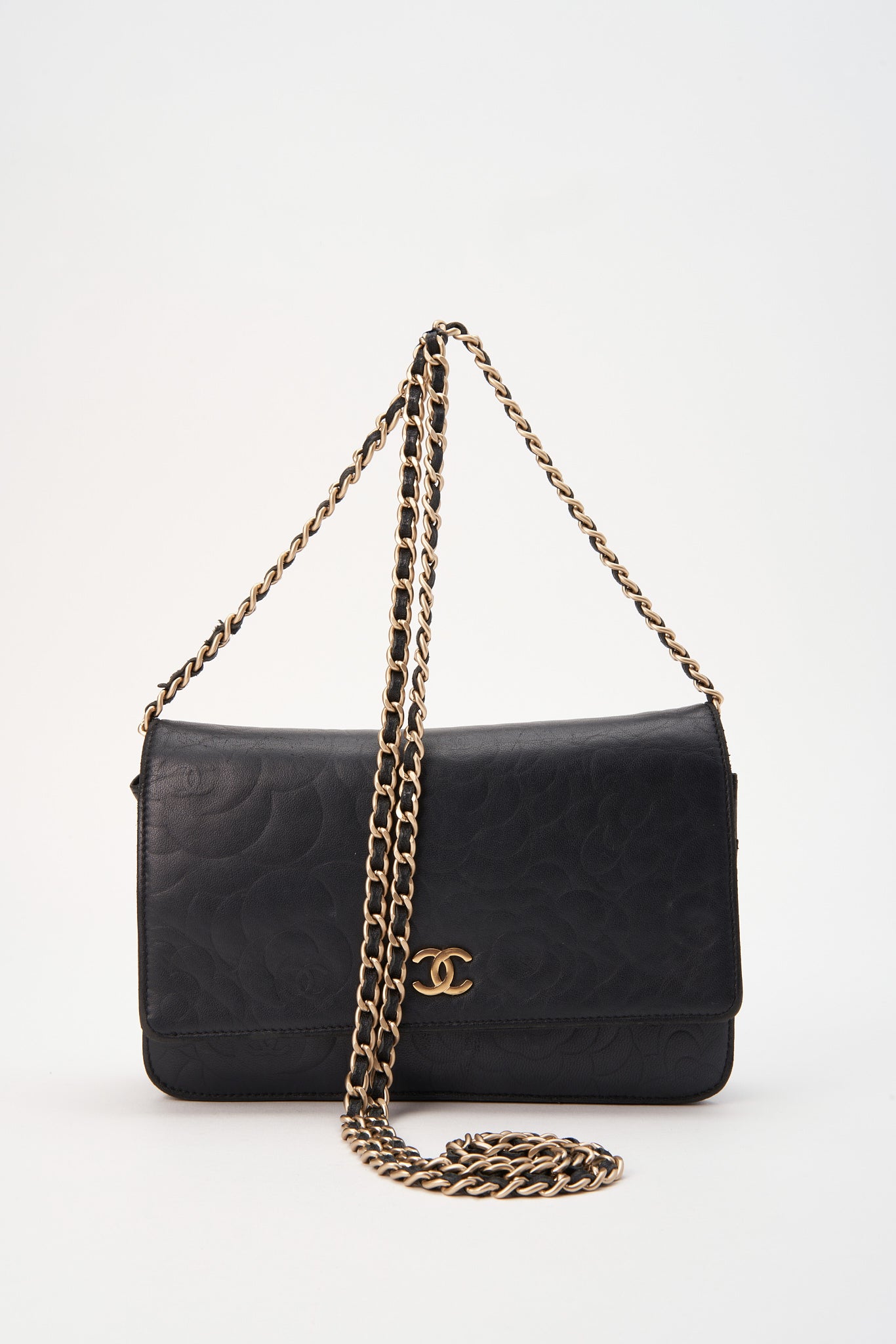 Chanel Black Lambskin Leather Floral Wallet On Chain