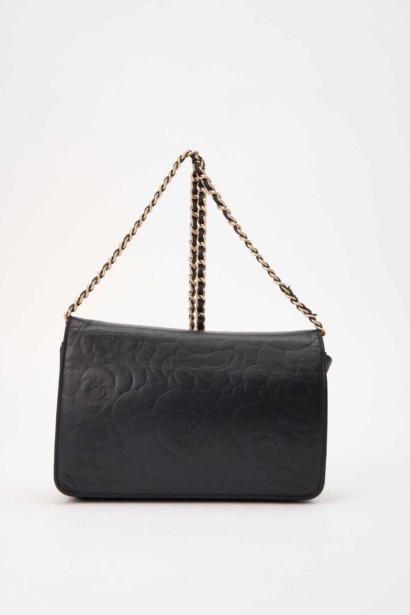 Chanel Black Lambskin Leather Floral Wallet On Chain