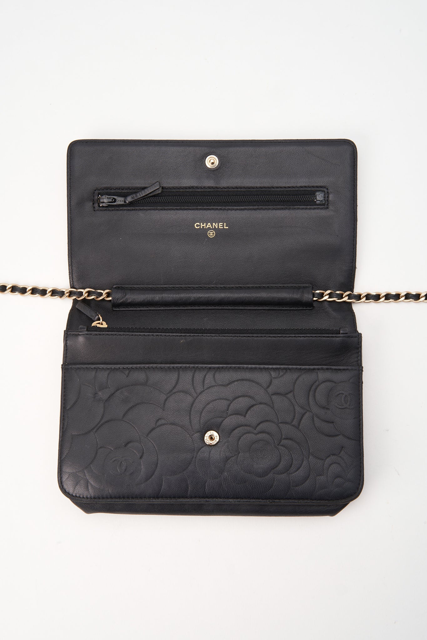 Chanel Black Lambskin Leather Floral Wallet On Chain