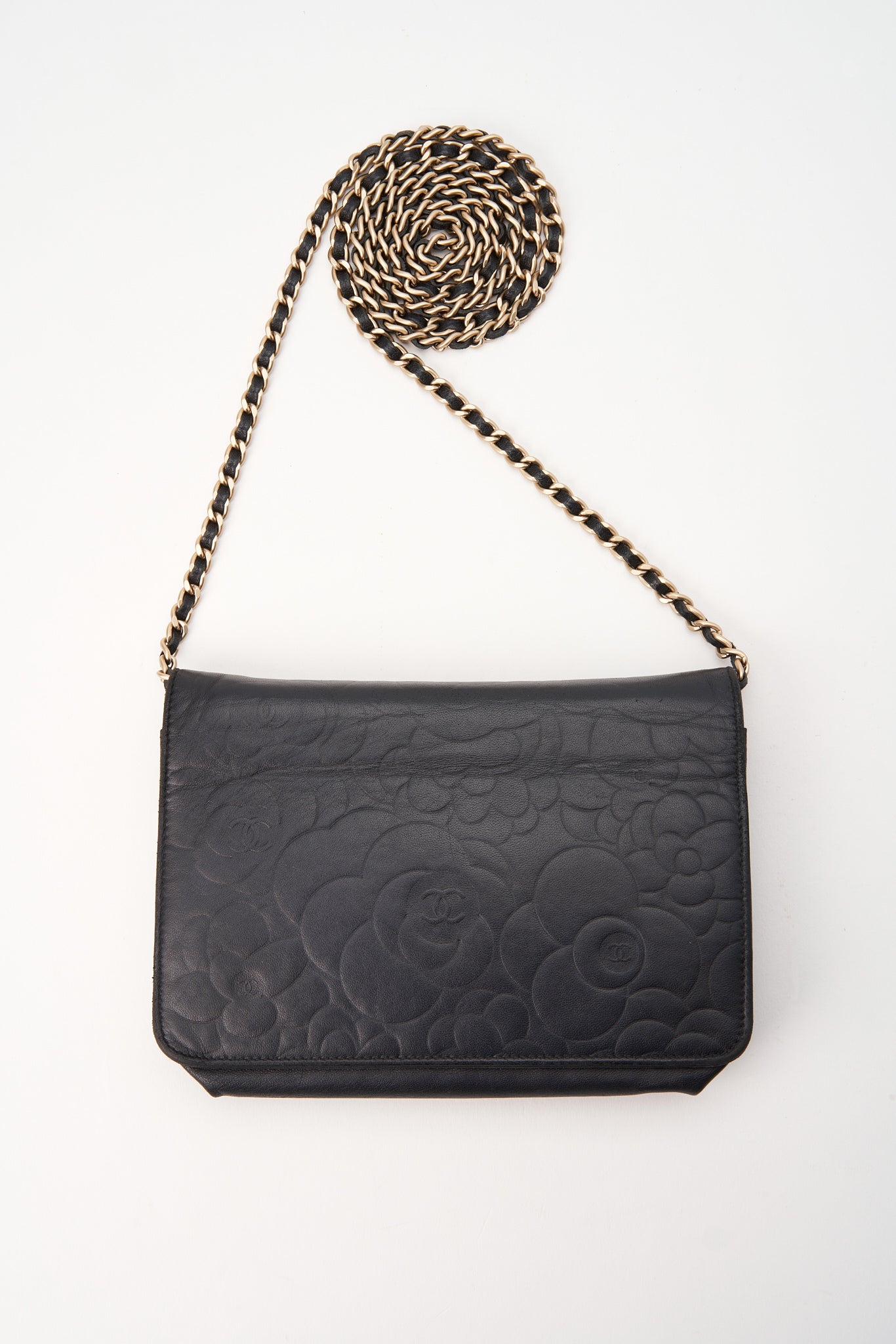 Chanel Black Lambskin Leather Floral Wallet On Chain