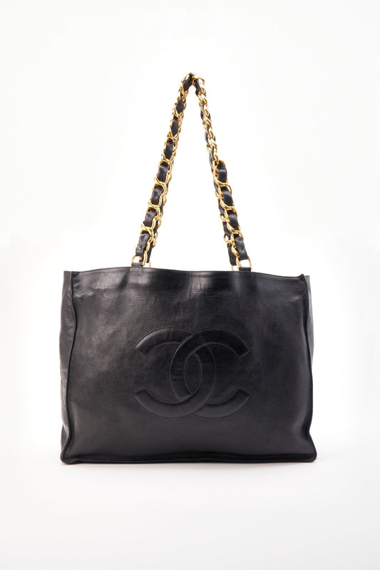 Vintage Chanel Black Leather Tote Bag with Chunky Gold Hardware