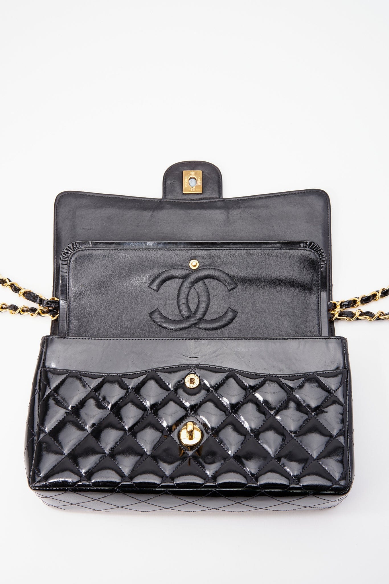 Vintage Chanel Classic Double Flap Bag Medium Black Patent Leather