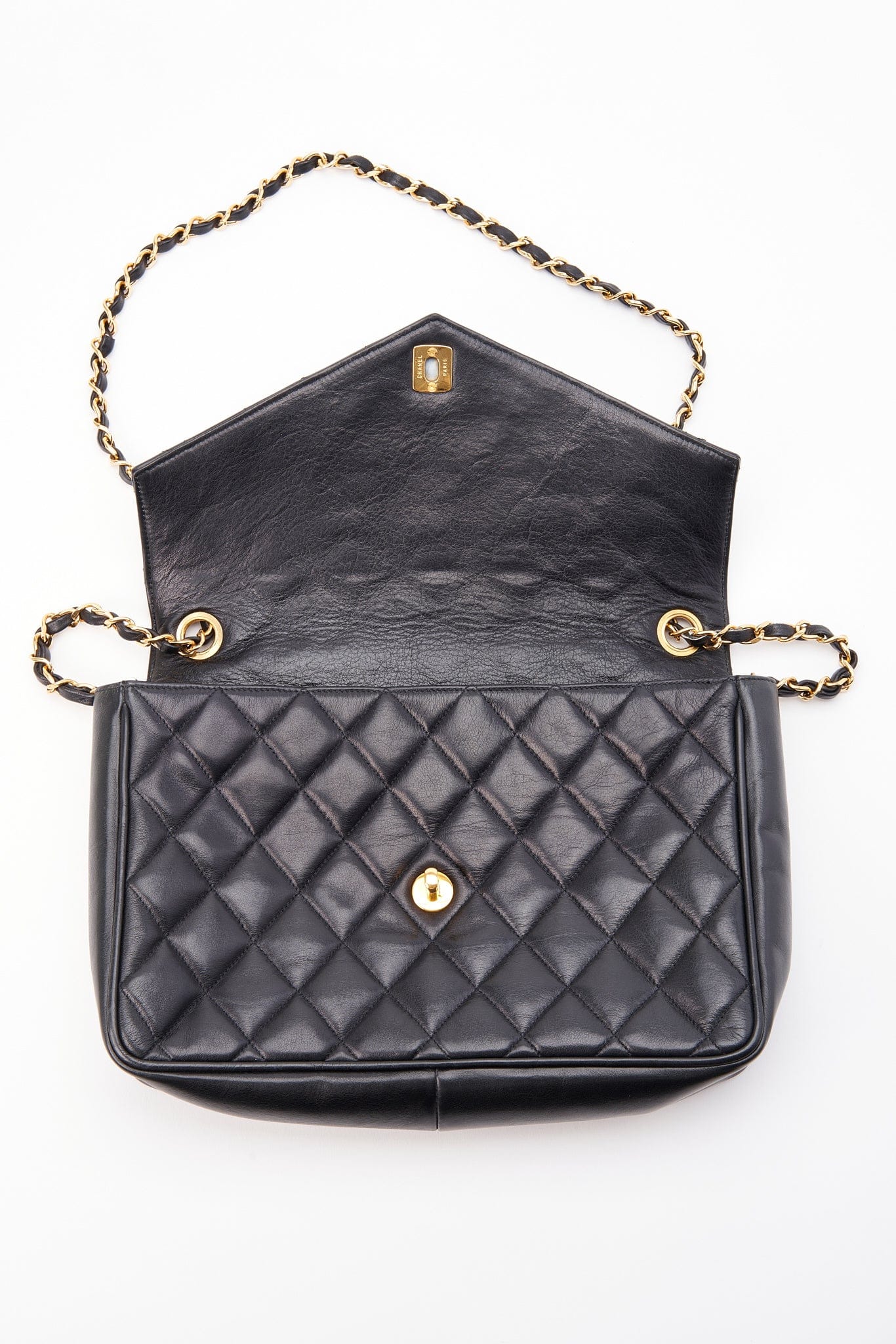 Vintage Chanel Black Single Flap Bag with Gold Hardware