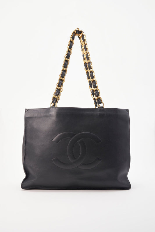 Vintage Chanel Black Leather Tote Bag with Chunky Gold Hardware