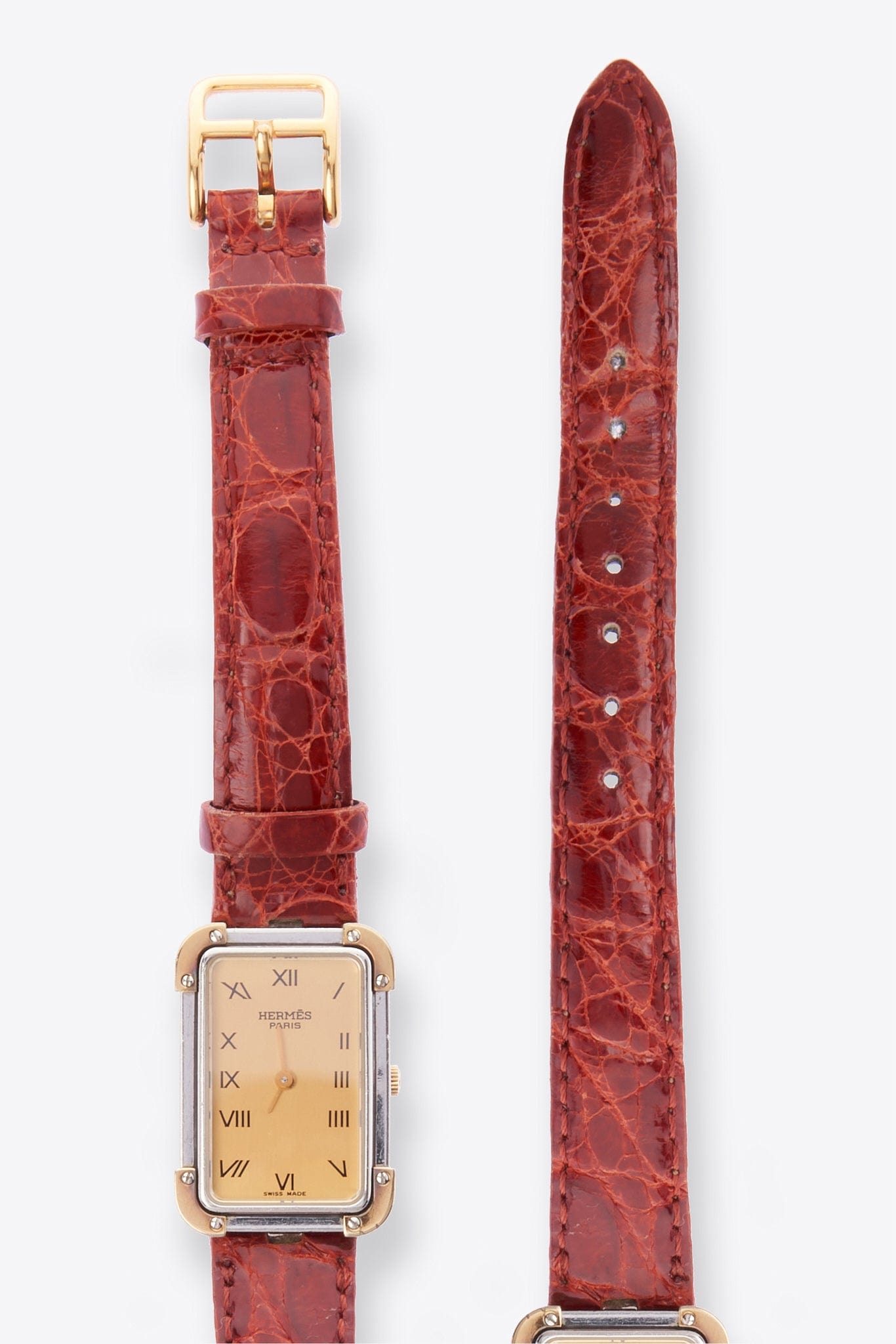 Vintage Hermès Croisiere Gold Plated Watch With Tan Leather Croc Strap