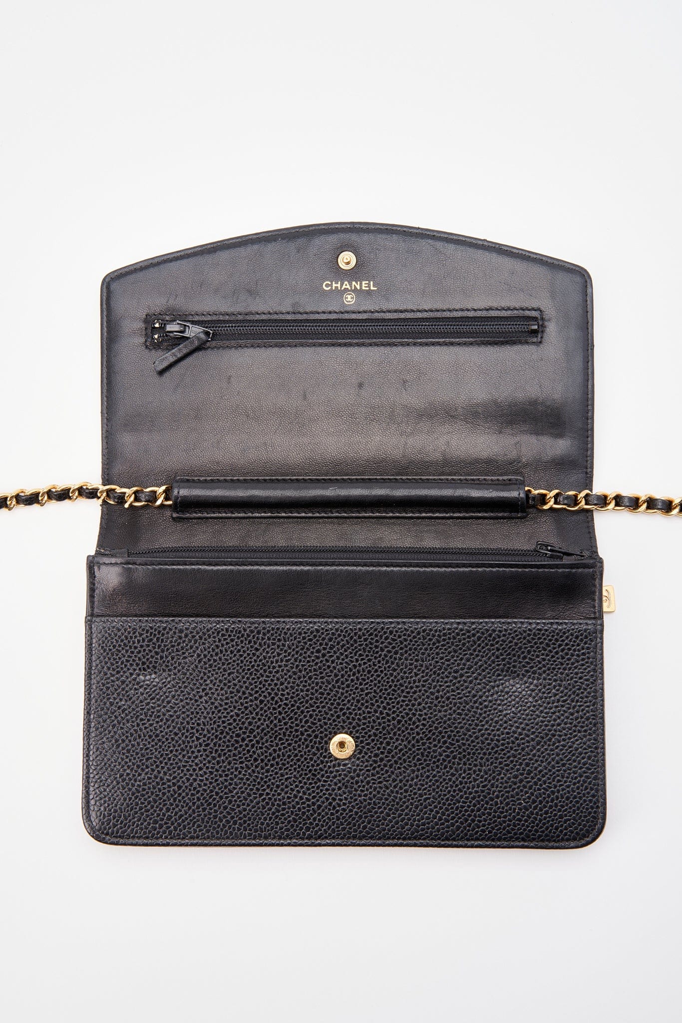 Vintage Chanel Black Caviar Leather Wallet On Chain