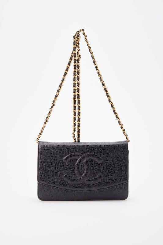 Vintage Chanel Black Caviar Leather Wallet On Chain