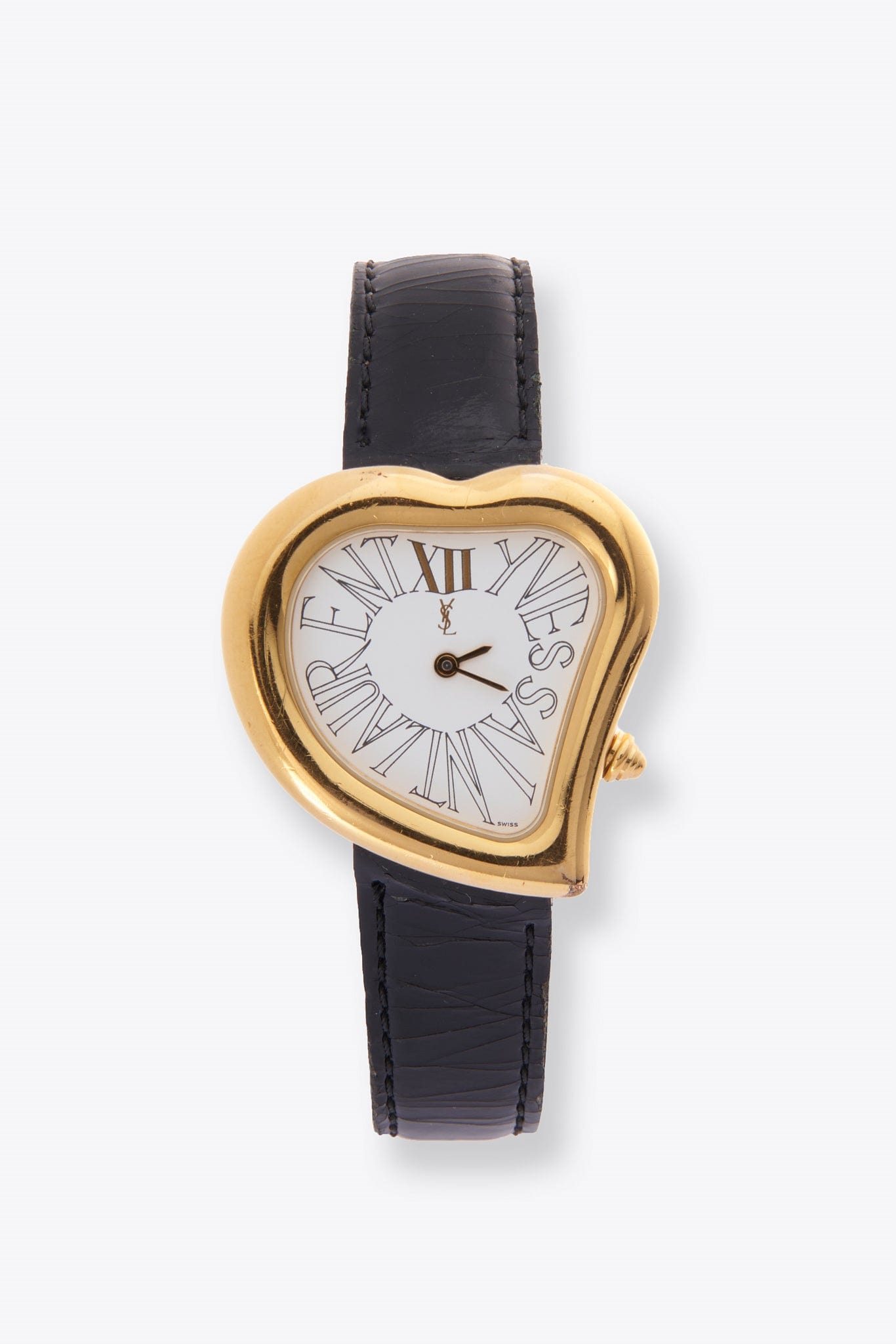 Vintage YSL Heart Gold Plated Watch with Black Leather Strap