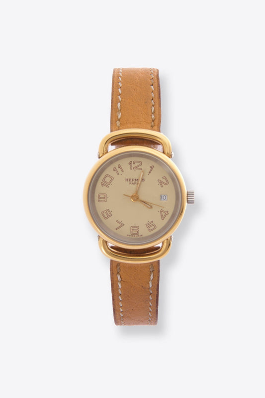 Vintage Hermès Pullman Gold Plated Watch With Tan Leather Strap