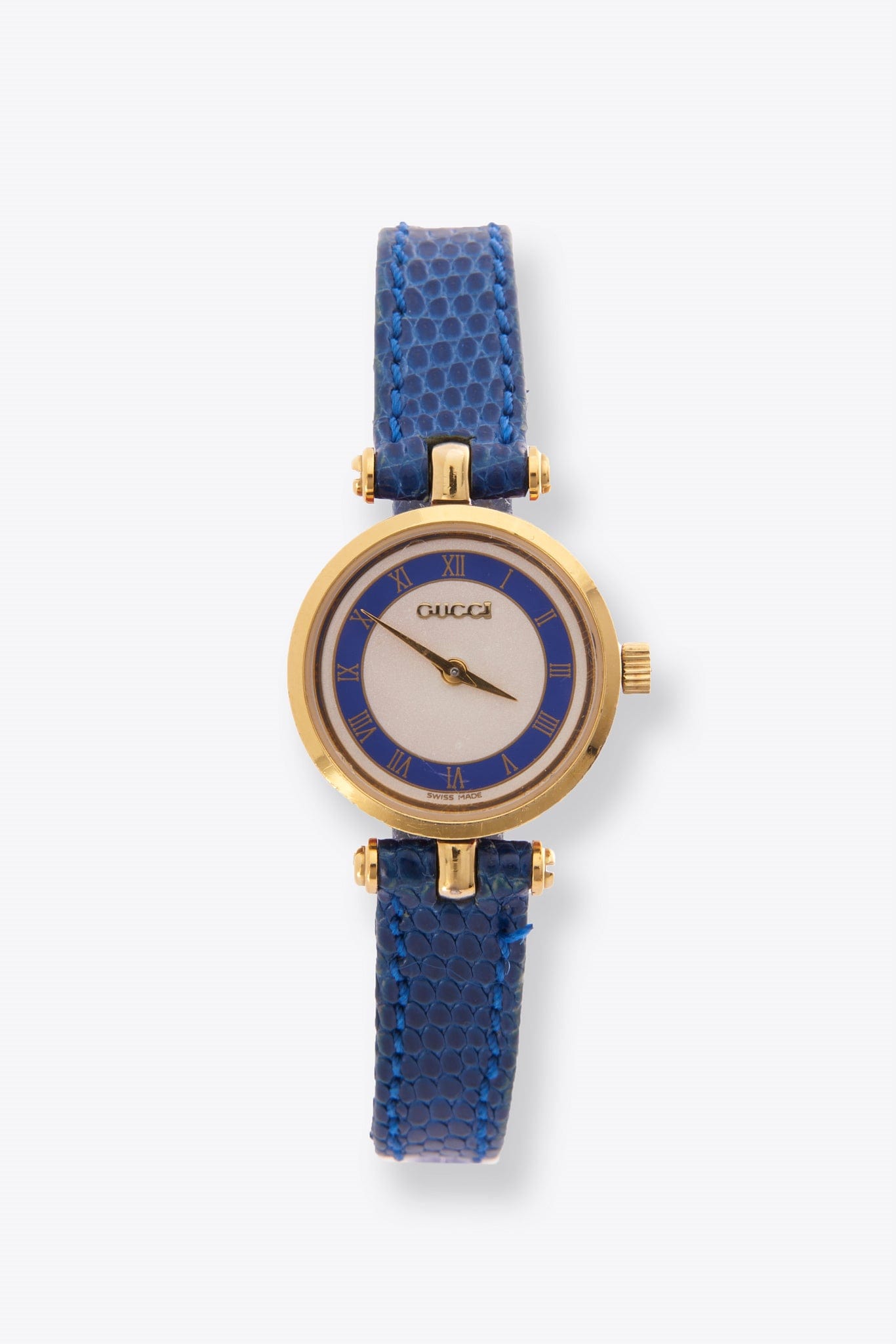 Vintage Gucci Round Gold Plated Watch with a Blue Lizard Leather Strap