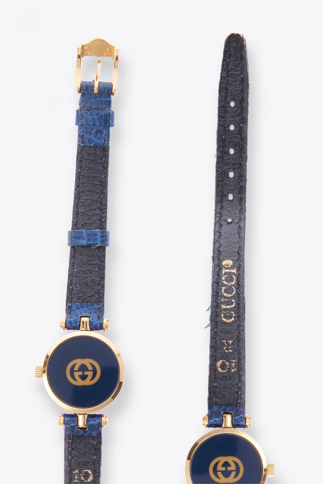 Vintage Gucci Round Gold Plated Watch with a Blue Lizard Leather Strap