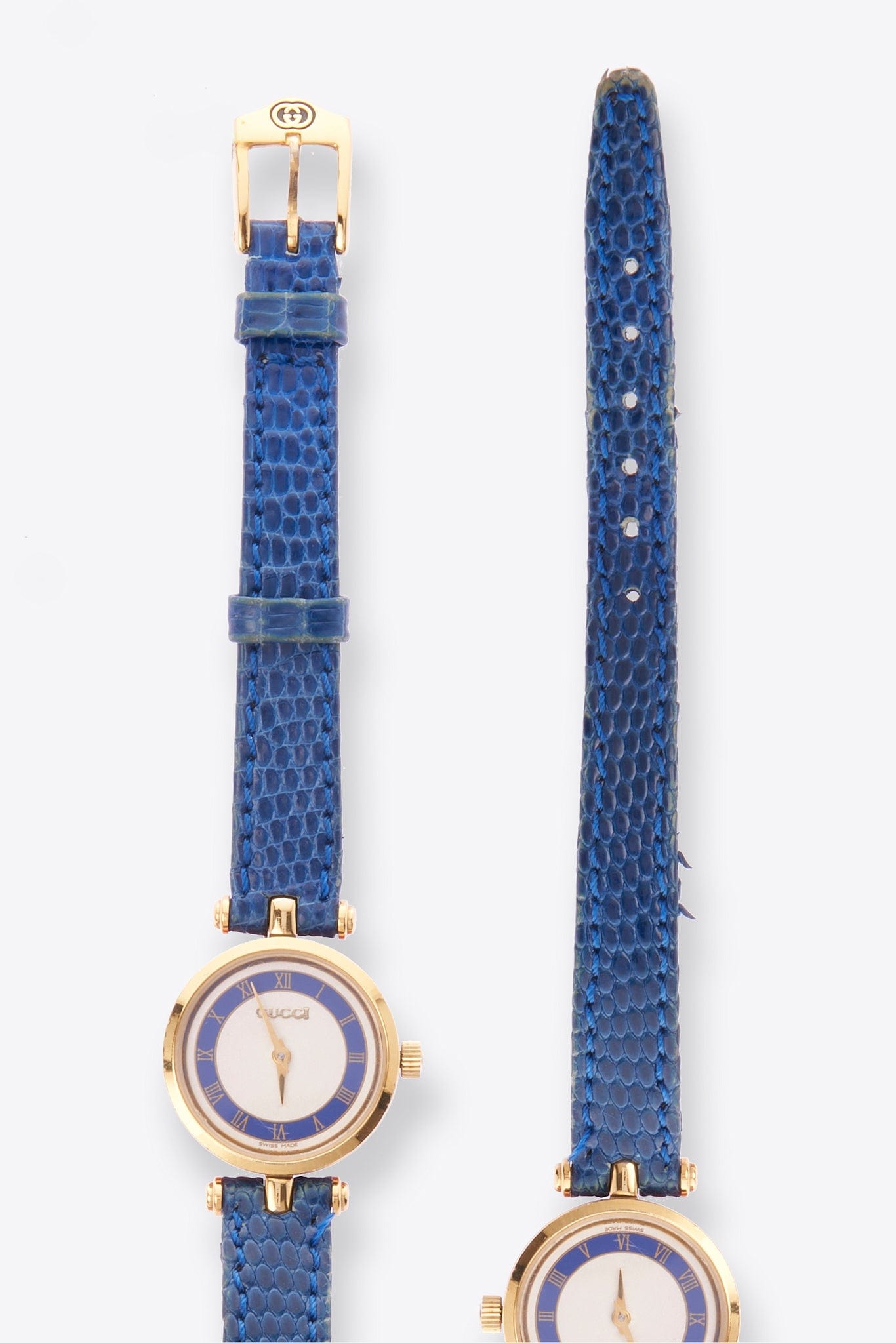 Vintage Gucci Round Gold Plated Watch with a Blue Lizard Leather Strap