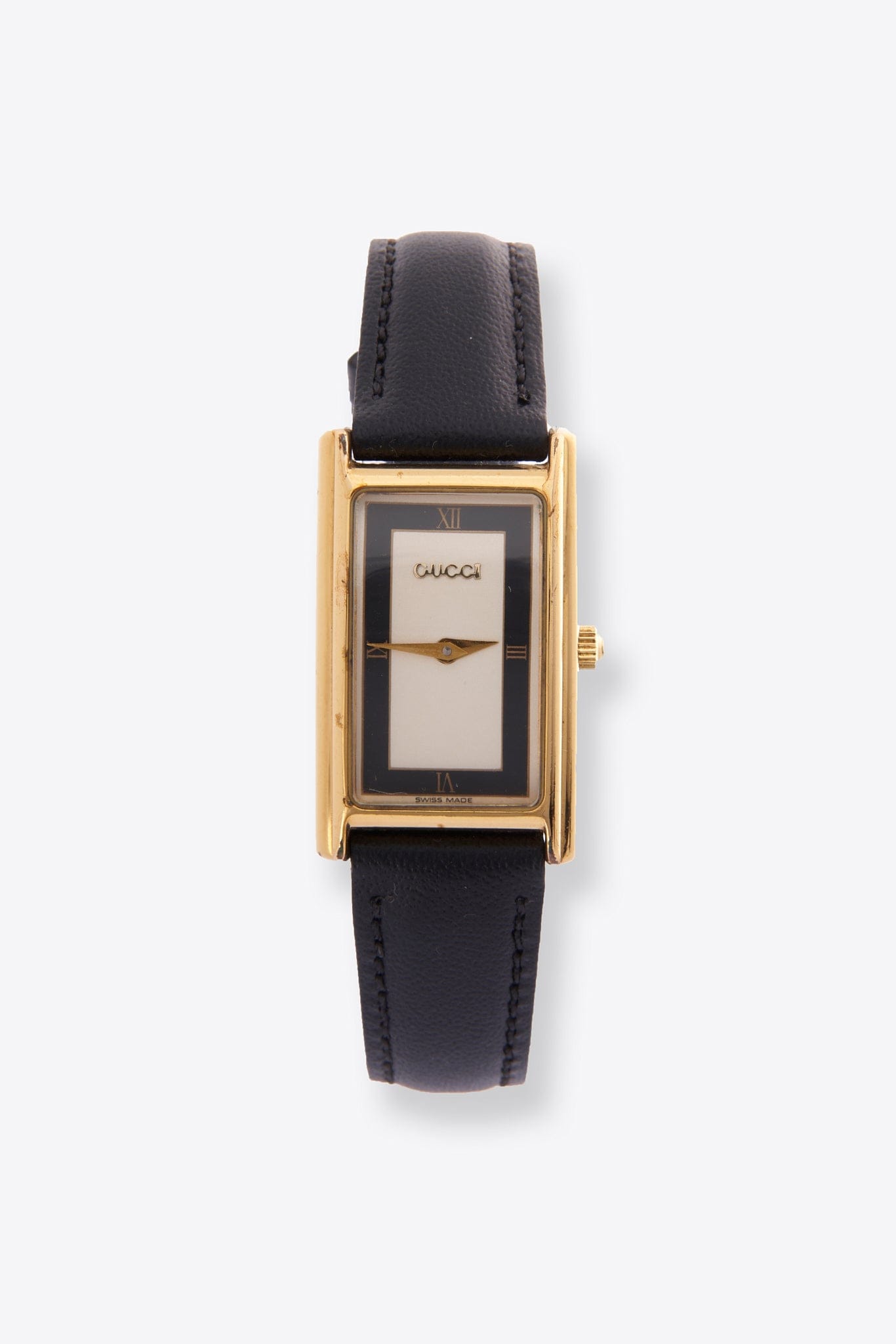 Vintage Gucci Gold Plated Watch with a Black Leather Strap