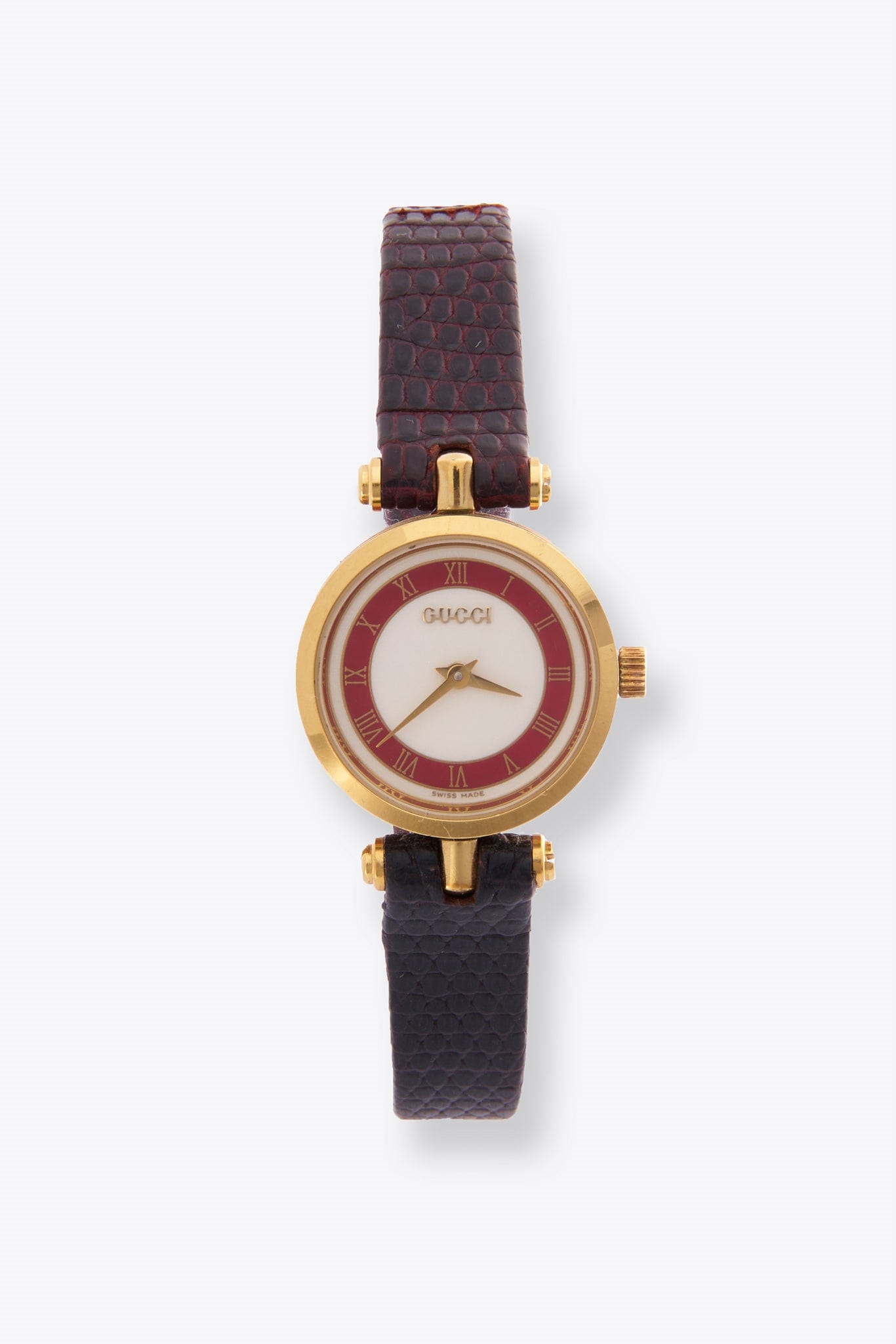 Vintage Gucci Round Gold Plated Watch with a Burgundy Lizard Leather Strap