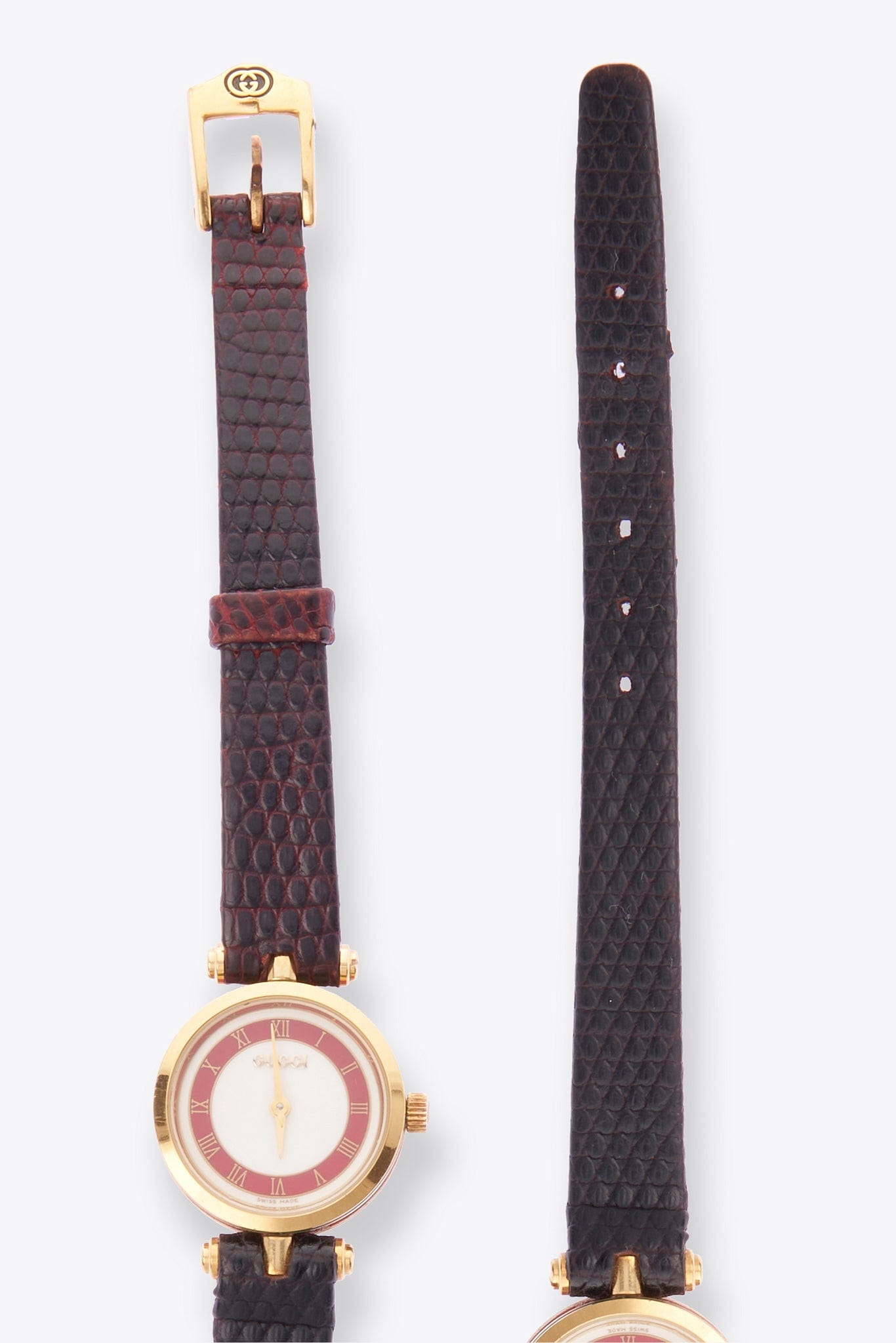 Vintage Gucci Round Gold Plated Watch with a Burgundy Lizard Leather Strap