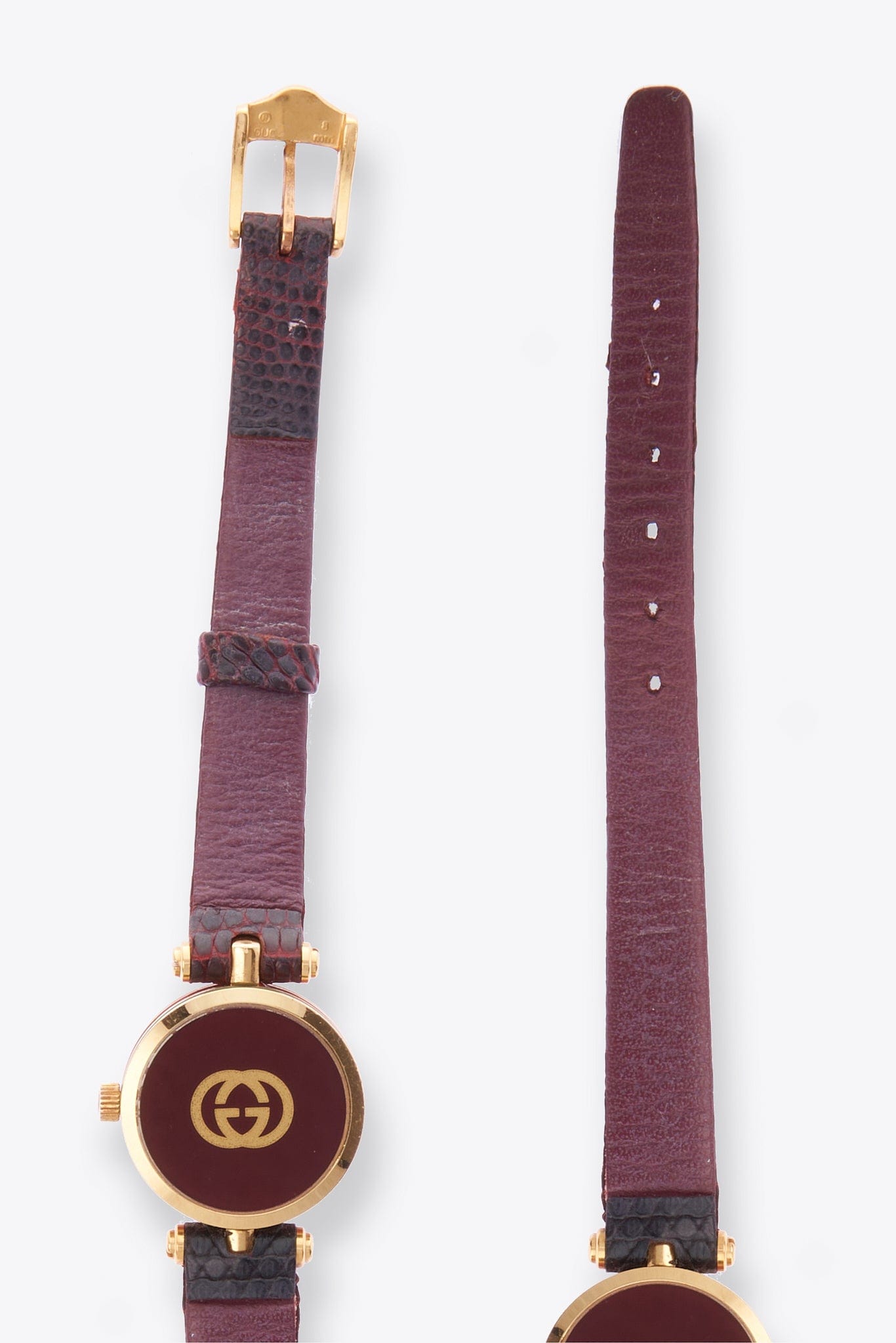 Vintage Gucci Round Gold Plated Watch with a Burgundy Lizard Leather Strap