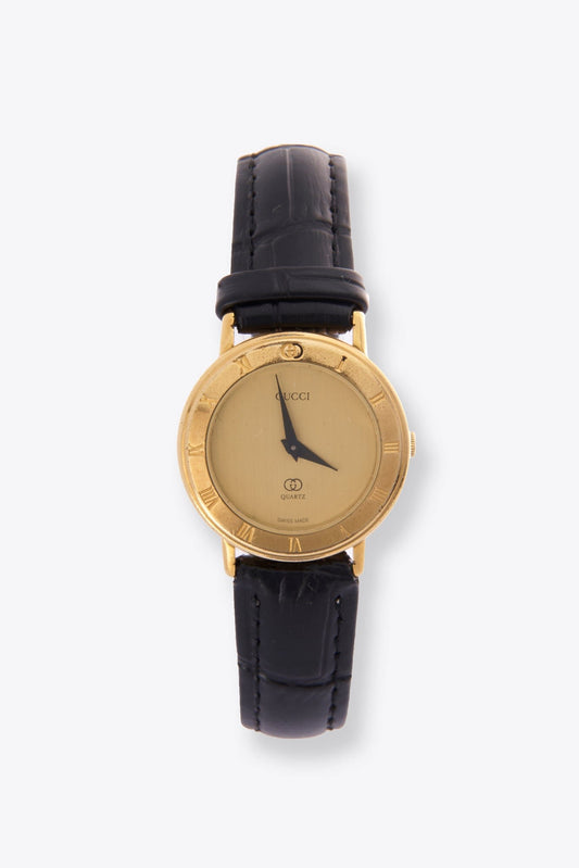 Vintage Gucci Round Gold Plated Watch with Black Croc Leather Strap