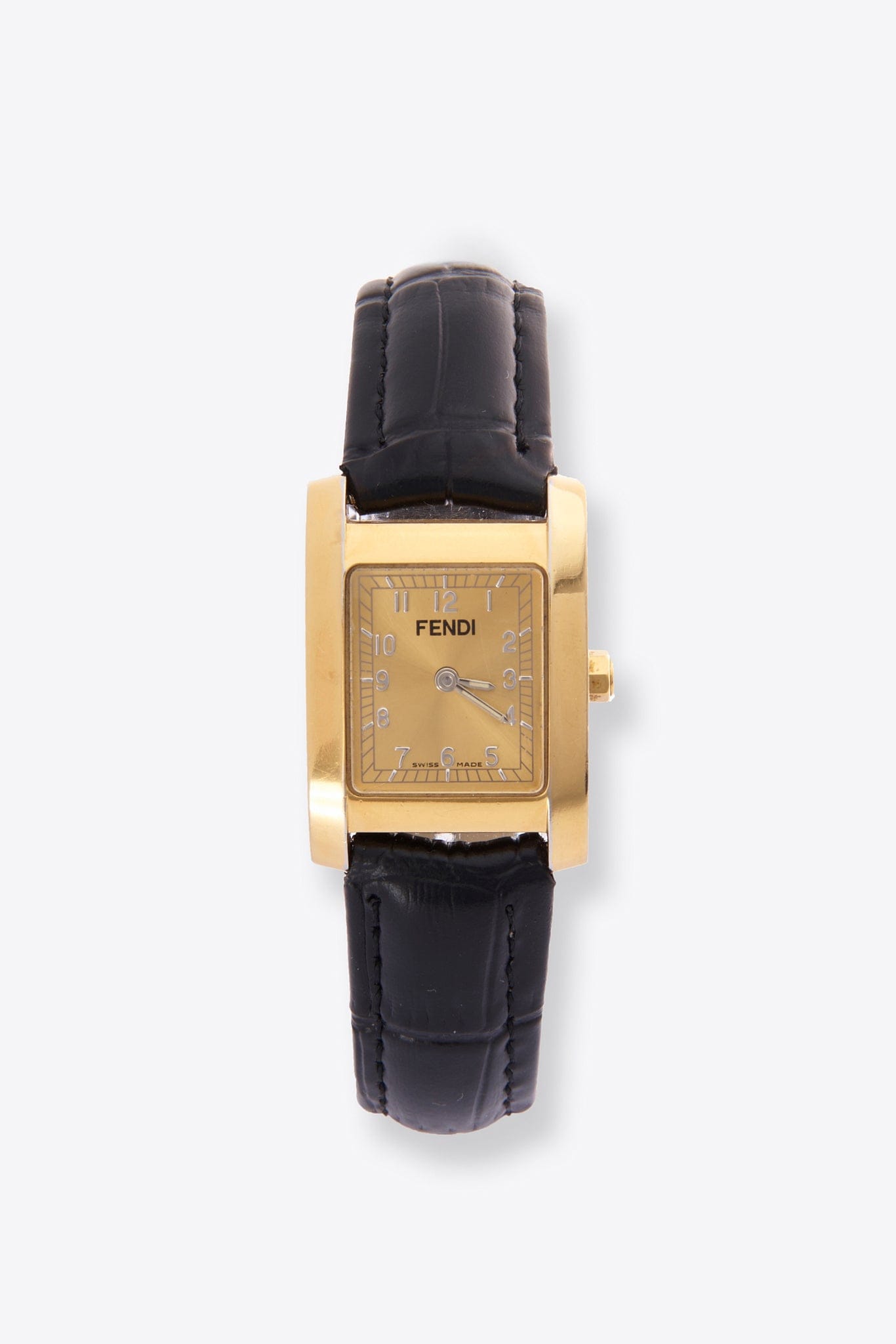 Vintage Fendi Gold Plated Watch with Black Croc Leather Strap