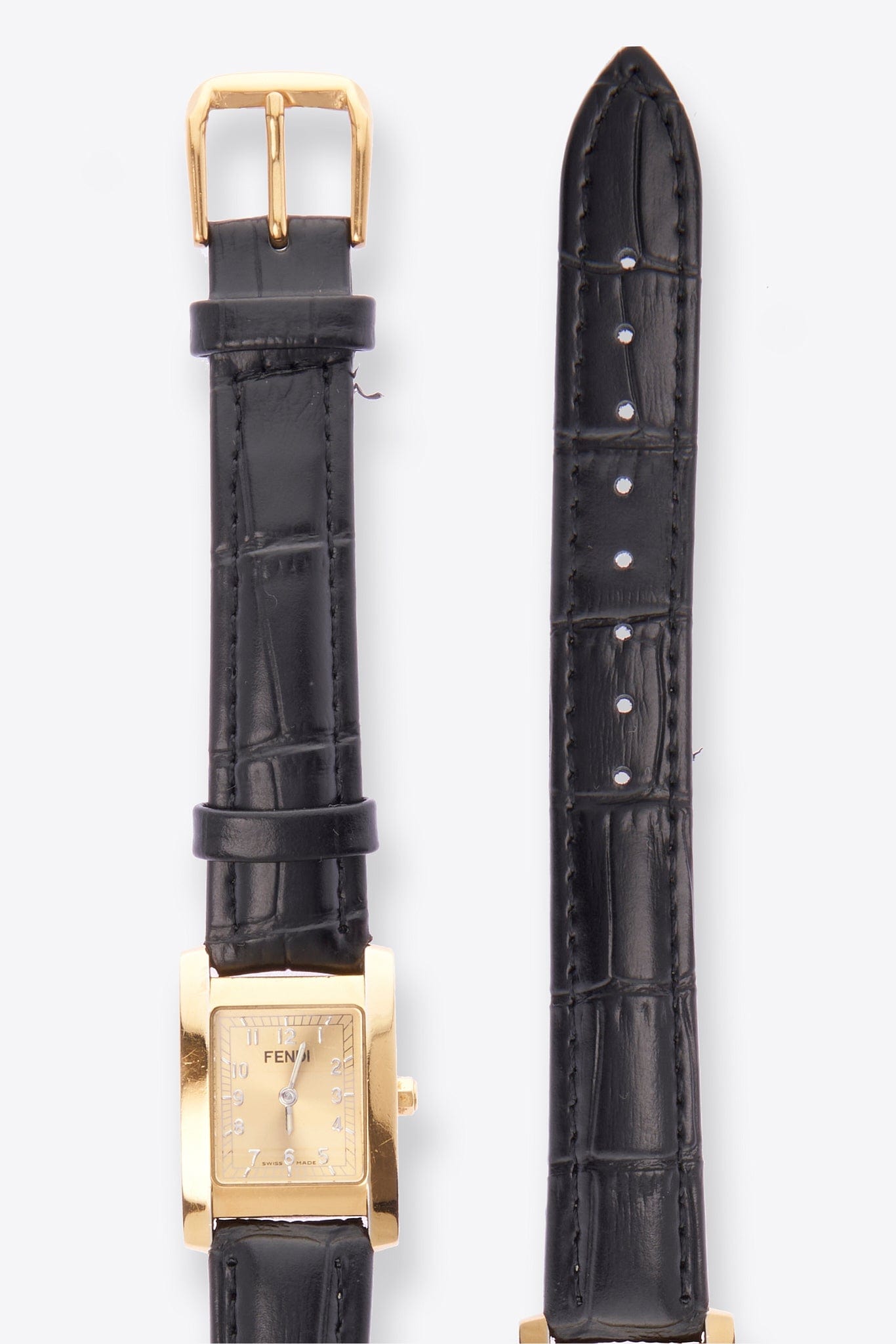 Vintage Fendi Gold Plated Watch with Black Croc Leather Strap