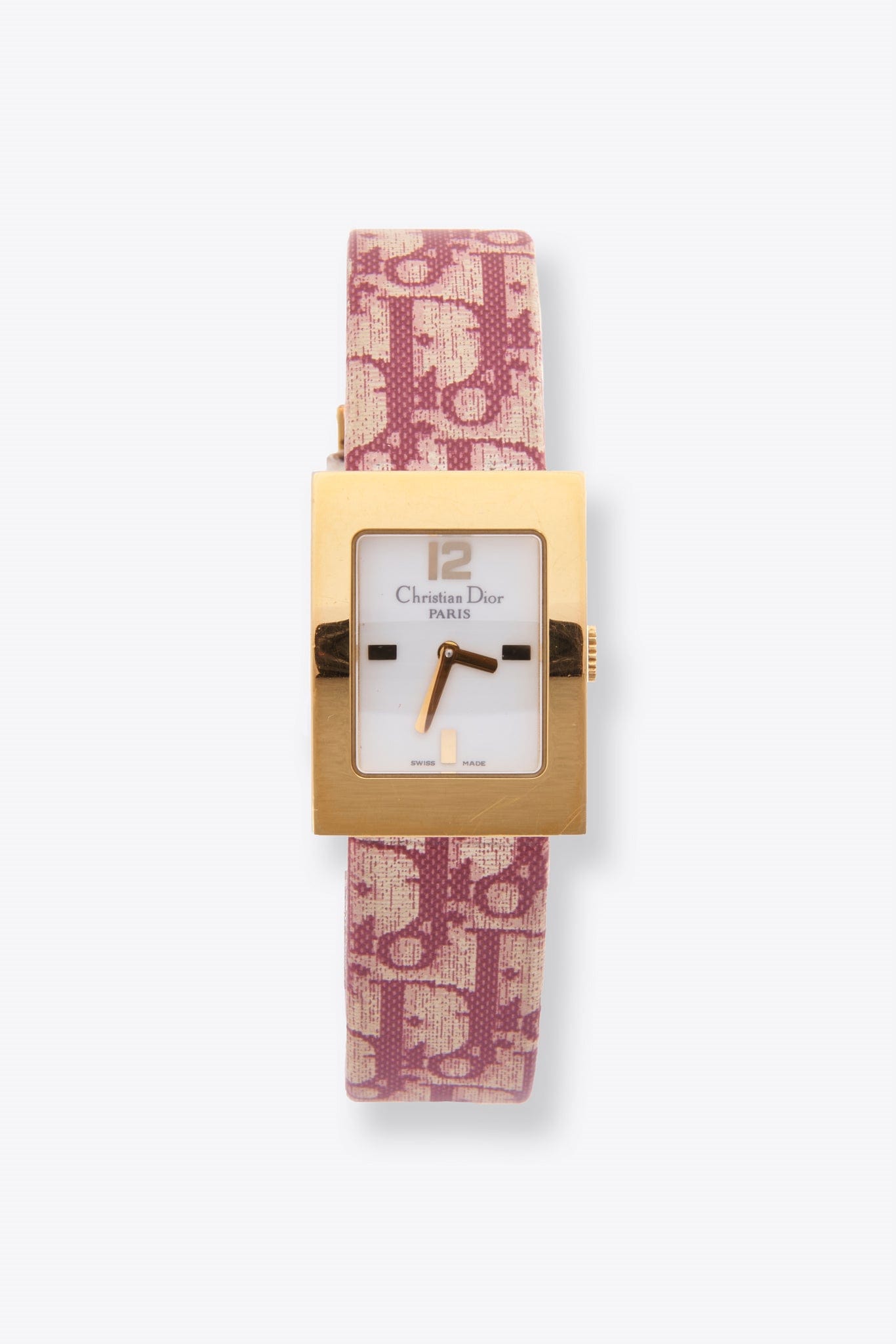 Vintage Christian Dior Gold Plated Watch with Pink Oblique Logo Leather Strap