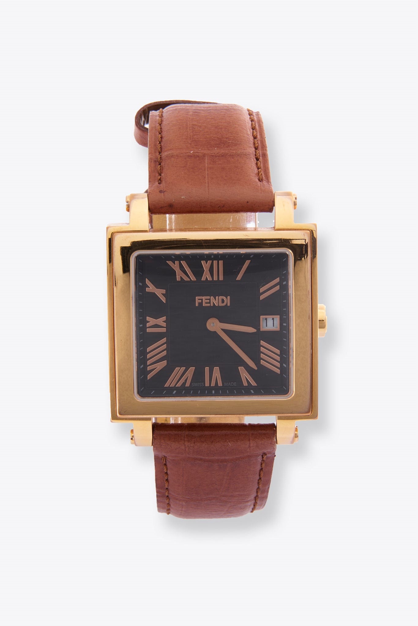 Vintage Fendi Gold Plated Watch with Tan Croc Leather Strap