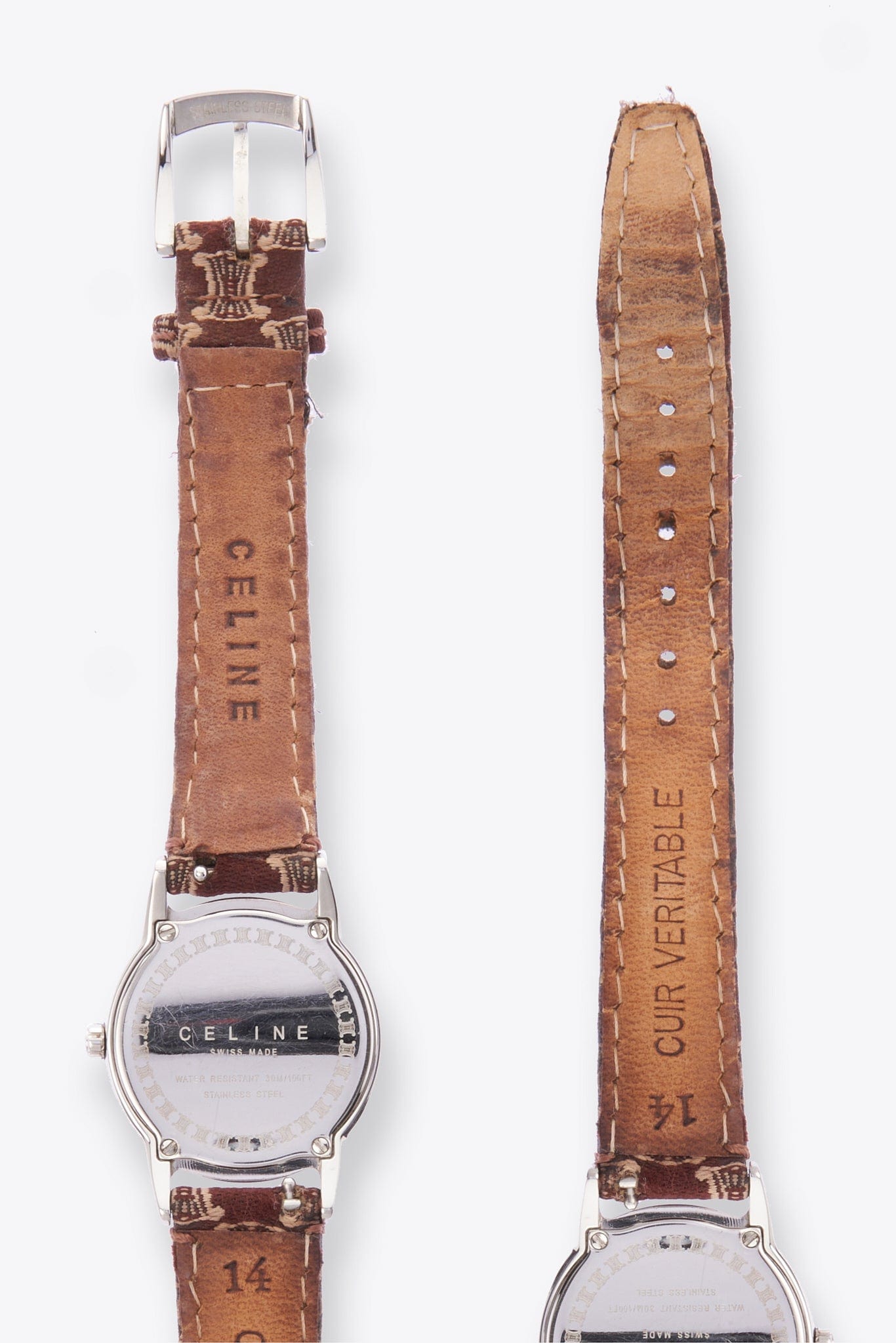 Vintage Celine Silver Plated Watch with Triomphe Printed Fabric and Leather Strap