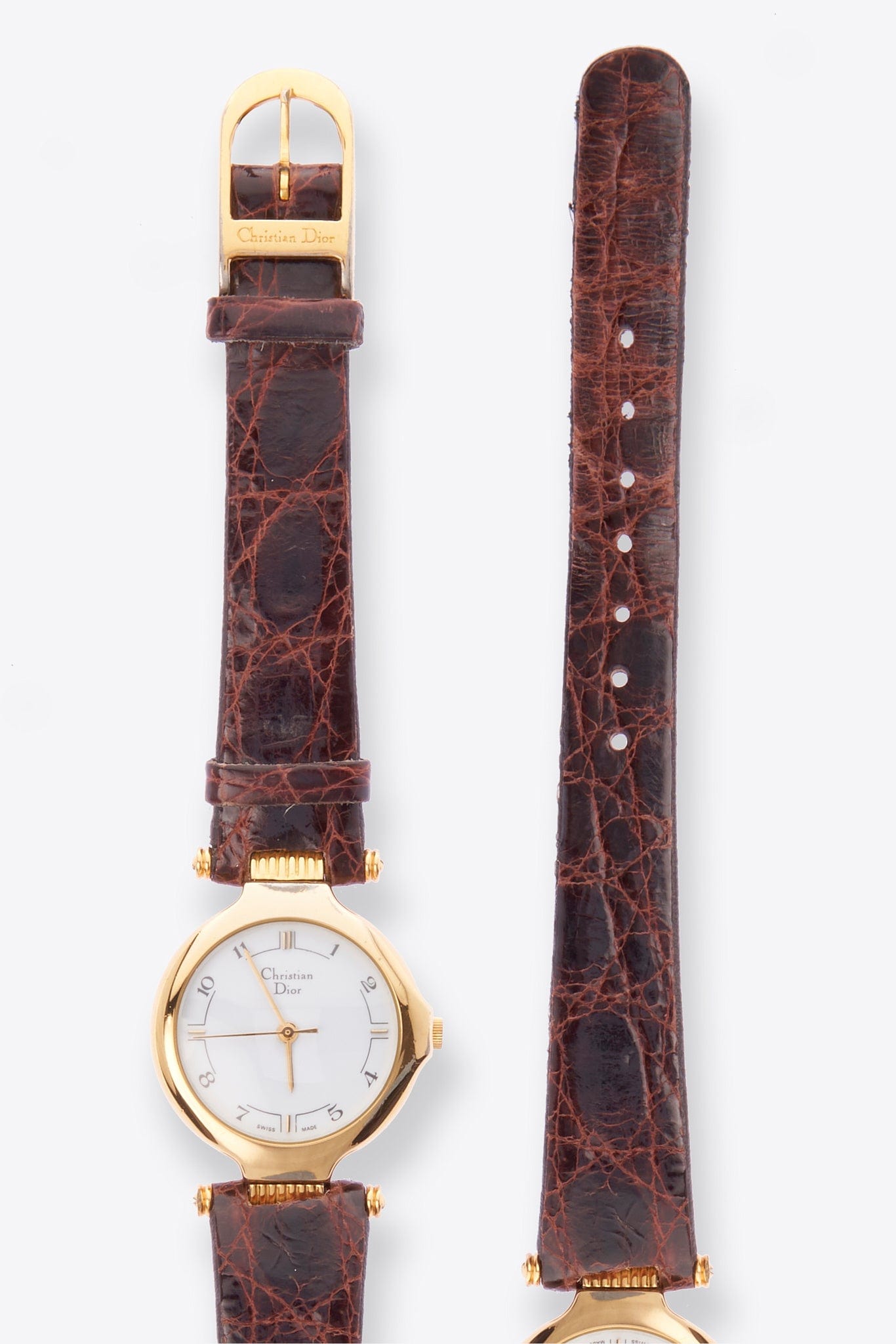 Vintage Christian Dior Gold Plated Watch with Brown Croc Leather Strap