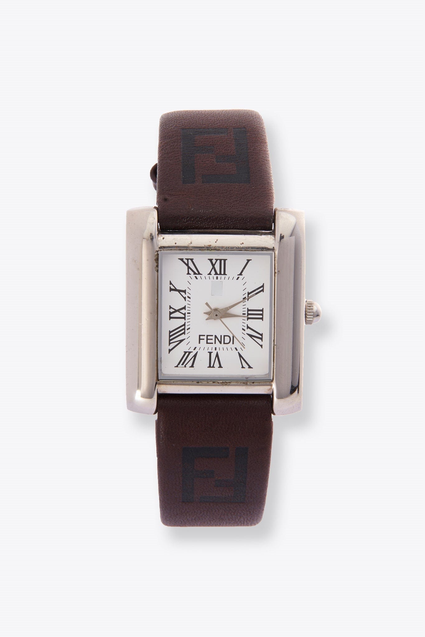 Vintage Fendi Silver Plated Watch with Brown Leather Strap