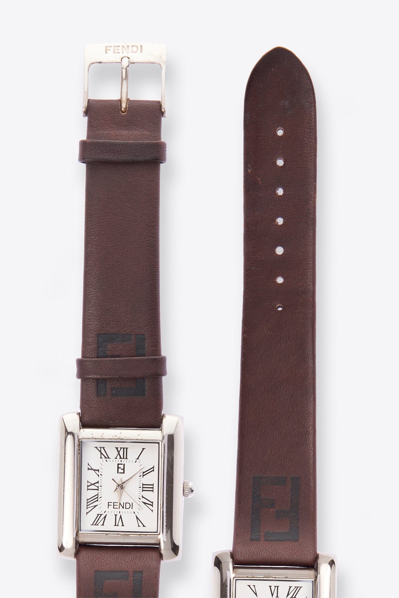 Vintage Fendi Silver Plated Watch with Brown Leather Strap