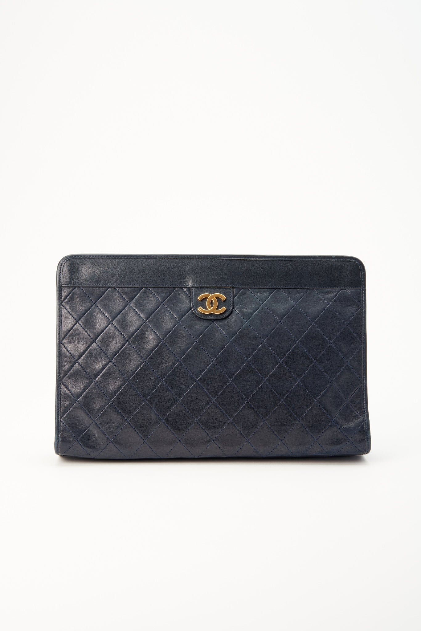 Vintage Chanel Navy Leather Clutch Bag With 24K Gold Plated Hardware