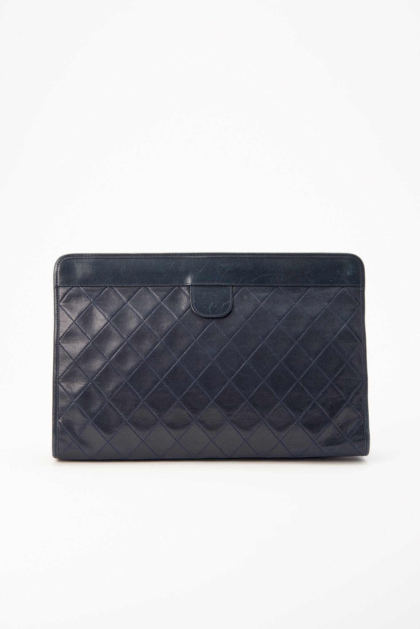 Vintage Chanel Navy Leather Clutch Bag With 24K Gold Plated Hardware