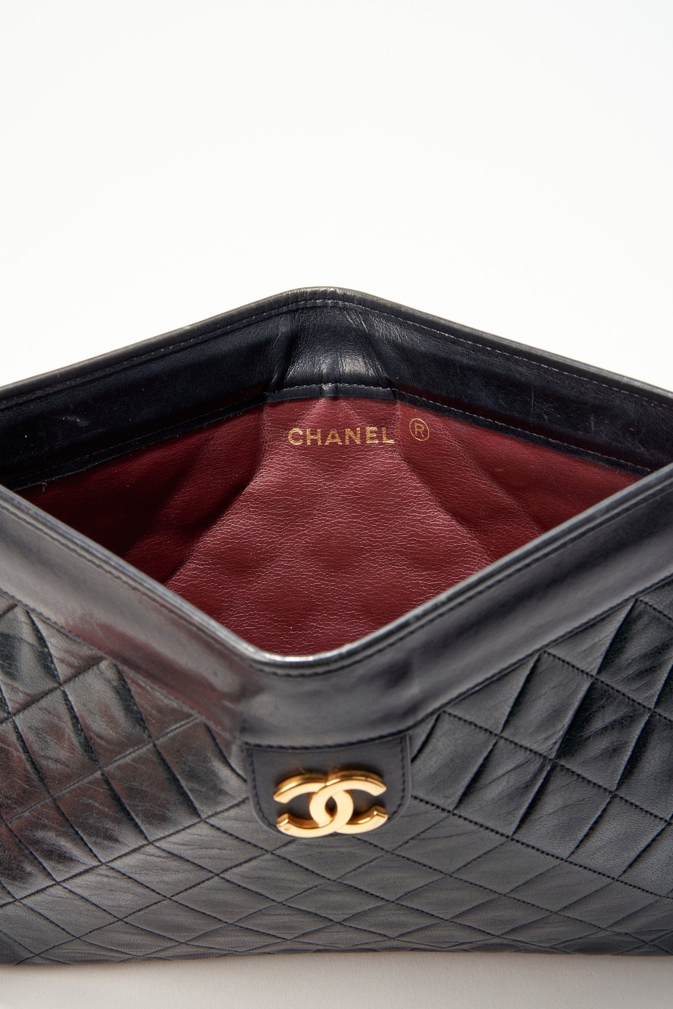 Vintage Chanel Black Leather Clutch Bag With 24K Gold Plated Hardware