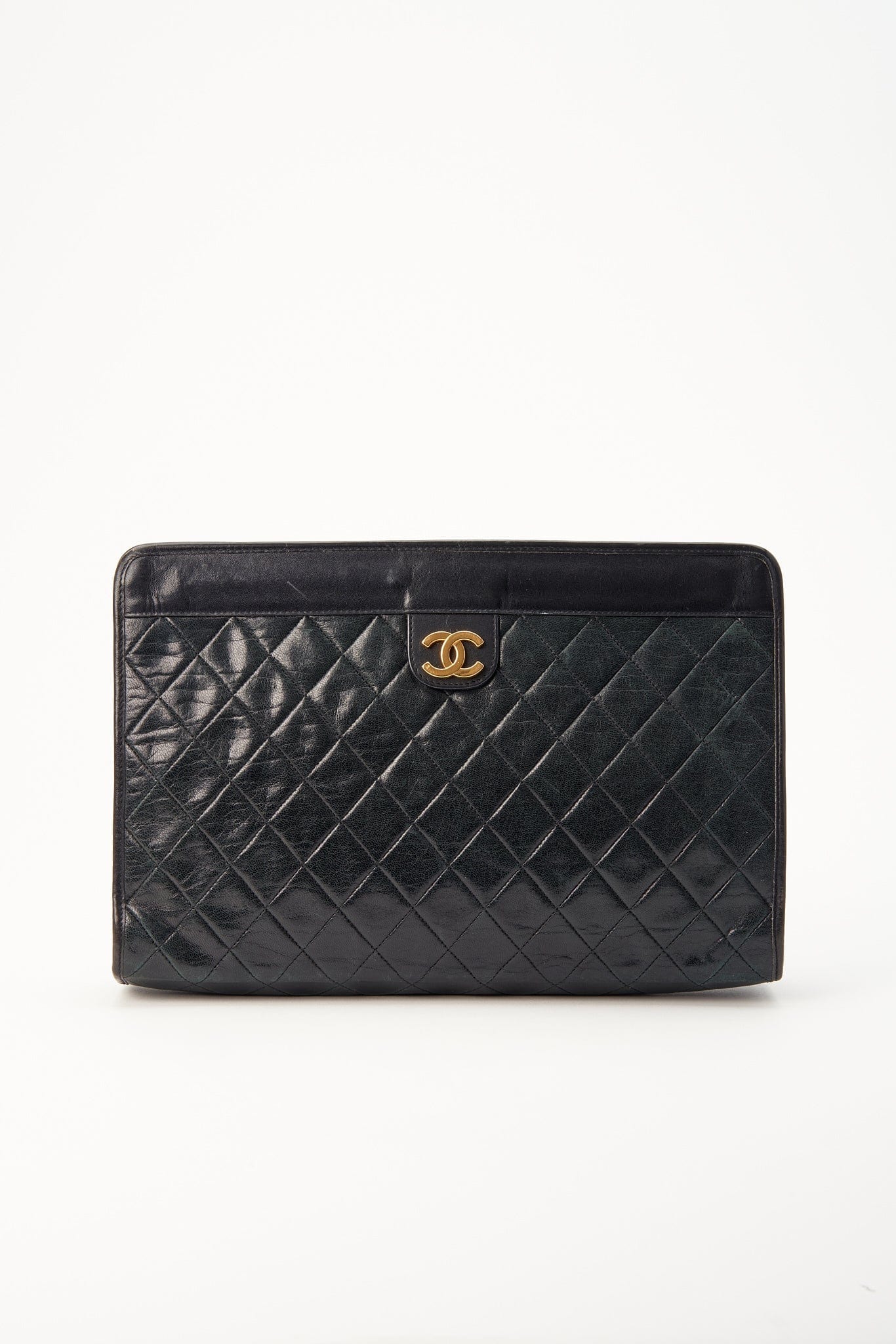 Vintage Chanel Black Leather Clutch Bag With 24K Gold Plated Hardware