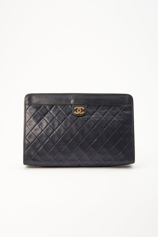 Vintage Chanel Black Leather Clutch Bag With 24K Gold Plated Hardware