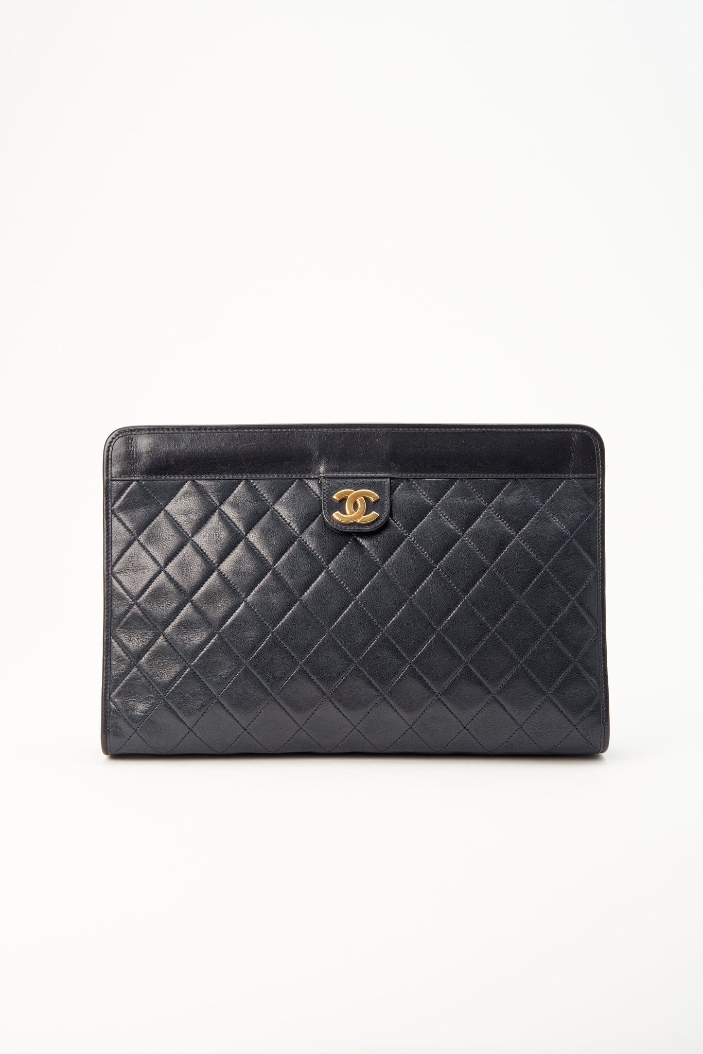 Vintage Chanel Black Leather Clutch Bag With Gold Hardware