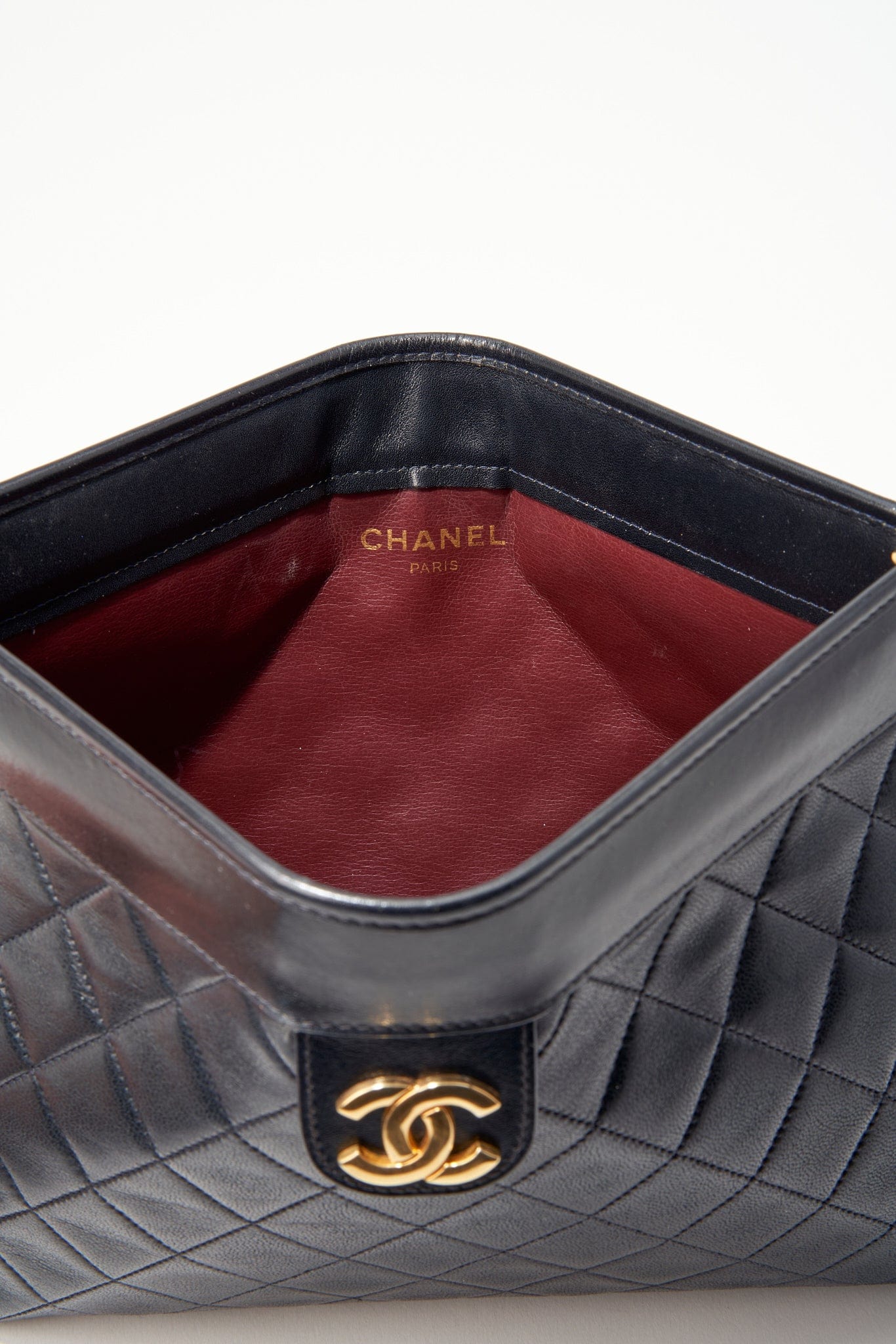 Vintage Chanel Black Leather Clutch Bag With Gold Hardware