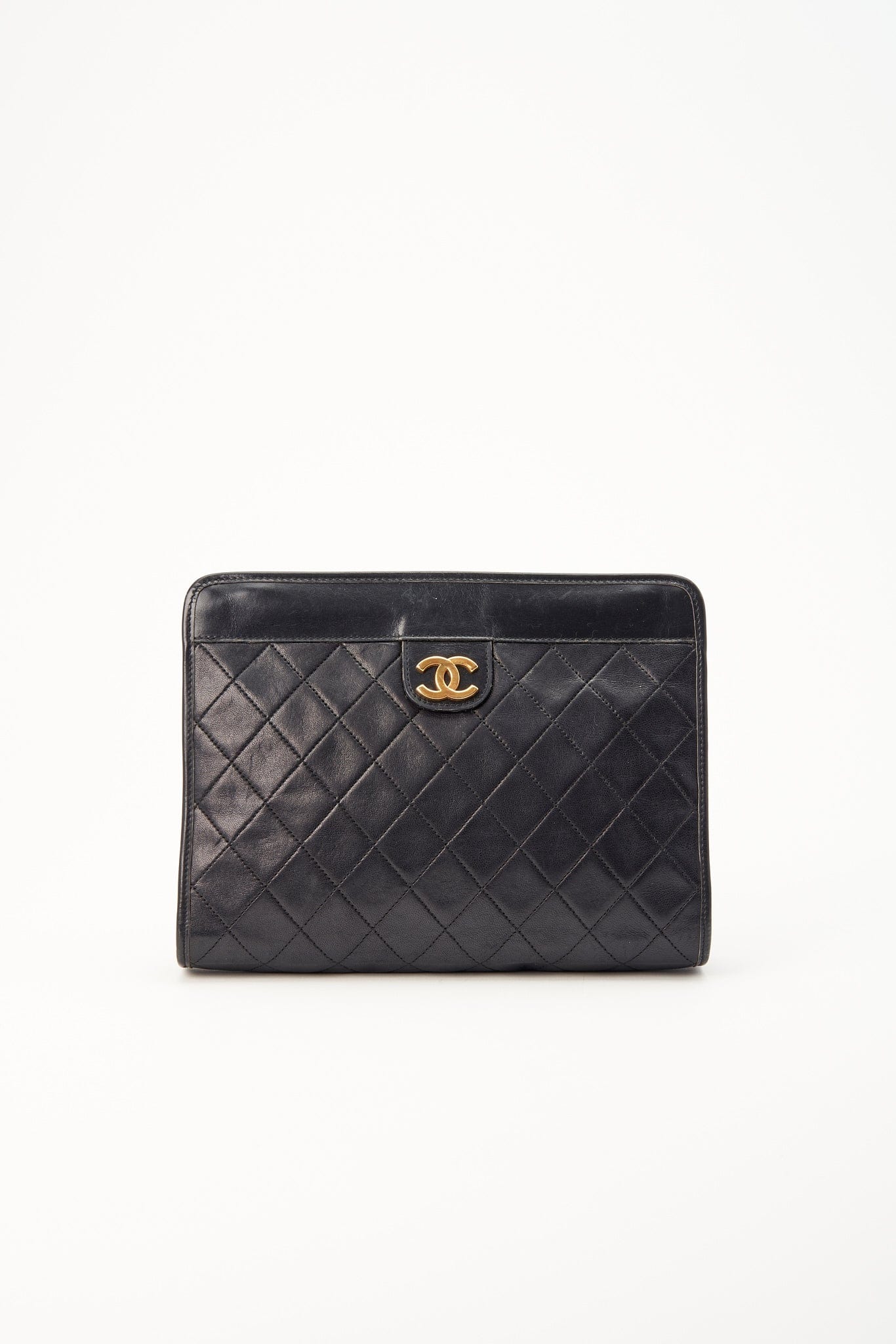 Vintage Chanel Black Leather Clutch Bag With Gold Hardware