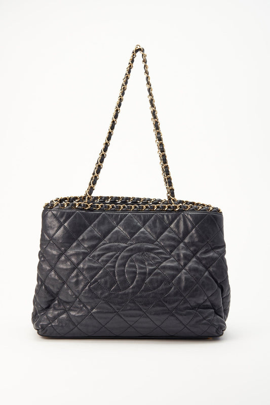 Chanel Black Leather Quilted Chain Tote Bag