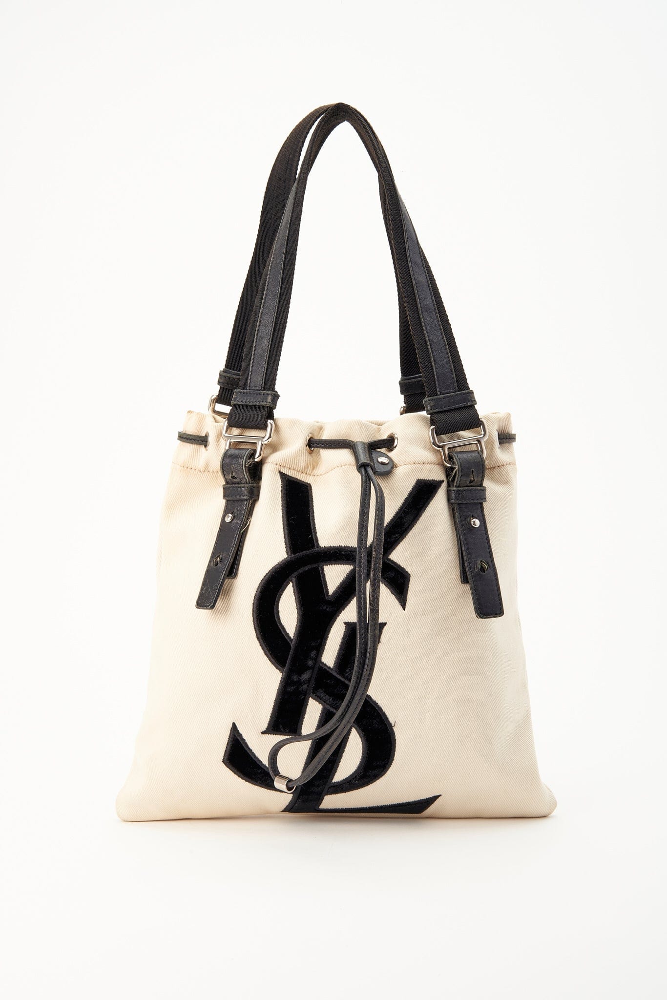 Vintage YSL Cream Canvas Tote Bag With Black Velvet and Leather Trim