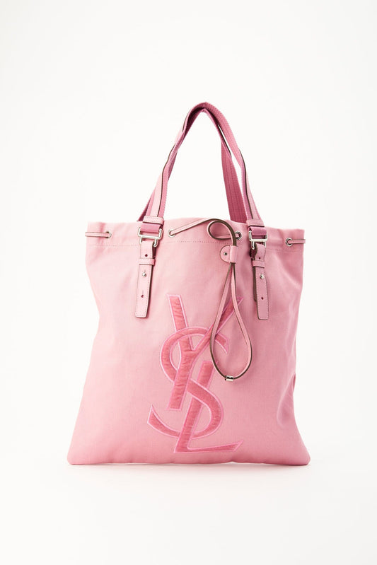 Vintage YSL Pink Canvas Tote Bag With Pink Velvet and Leather Trim