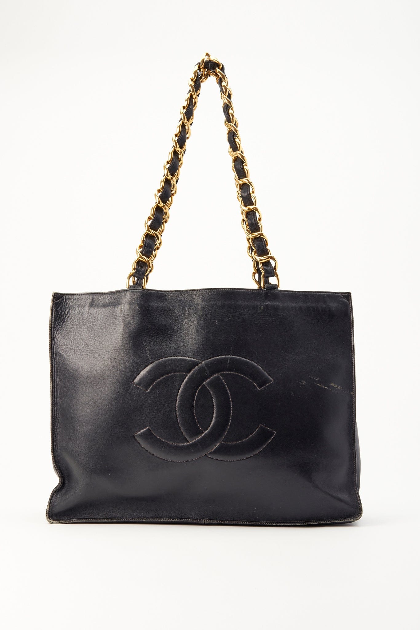 Vintage Chanel Black Leather Tote Bag with Chunky Gold Hardware