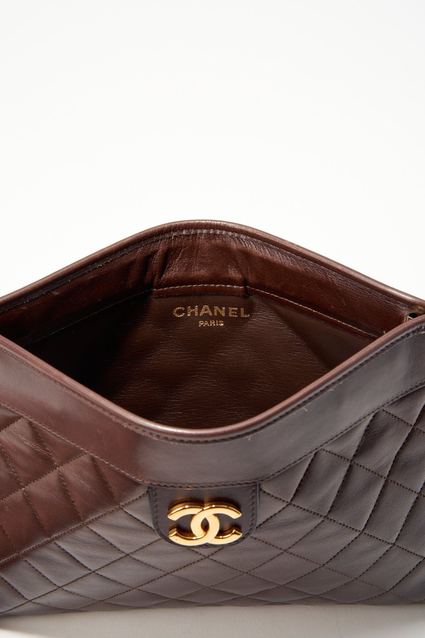 Vintage Chanel Brown Leather Clutch Bag With 24K Gold Plated Hardware