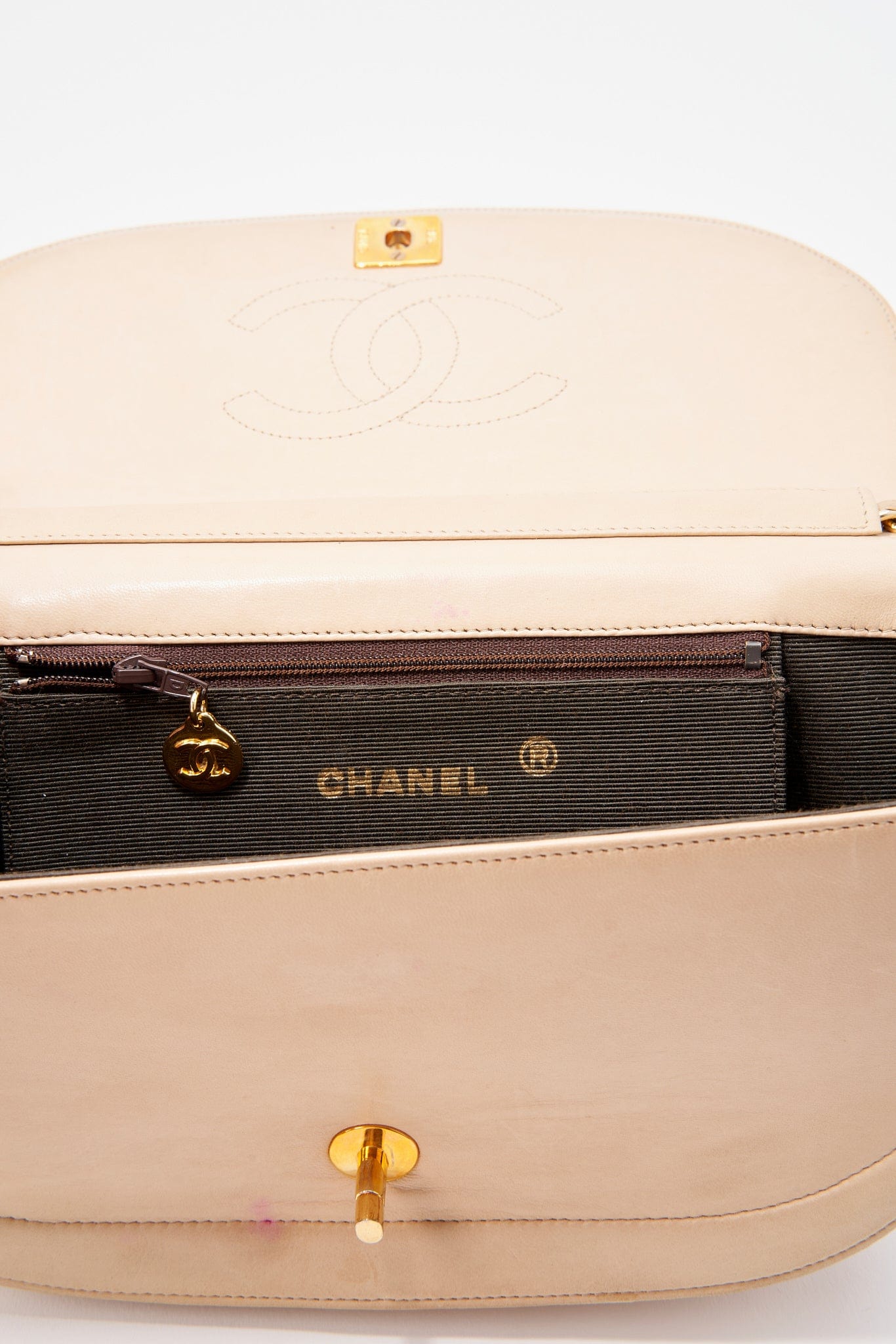 Vintage Chanel Half Moon Cream Leather Flap Bag With 24K Gold Plated Hardware