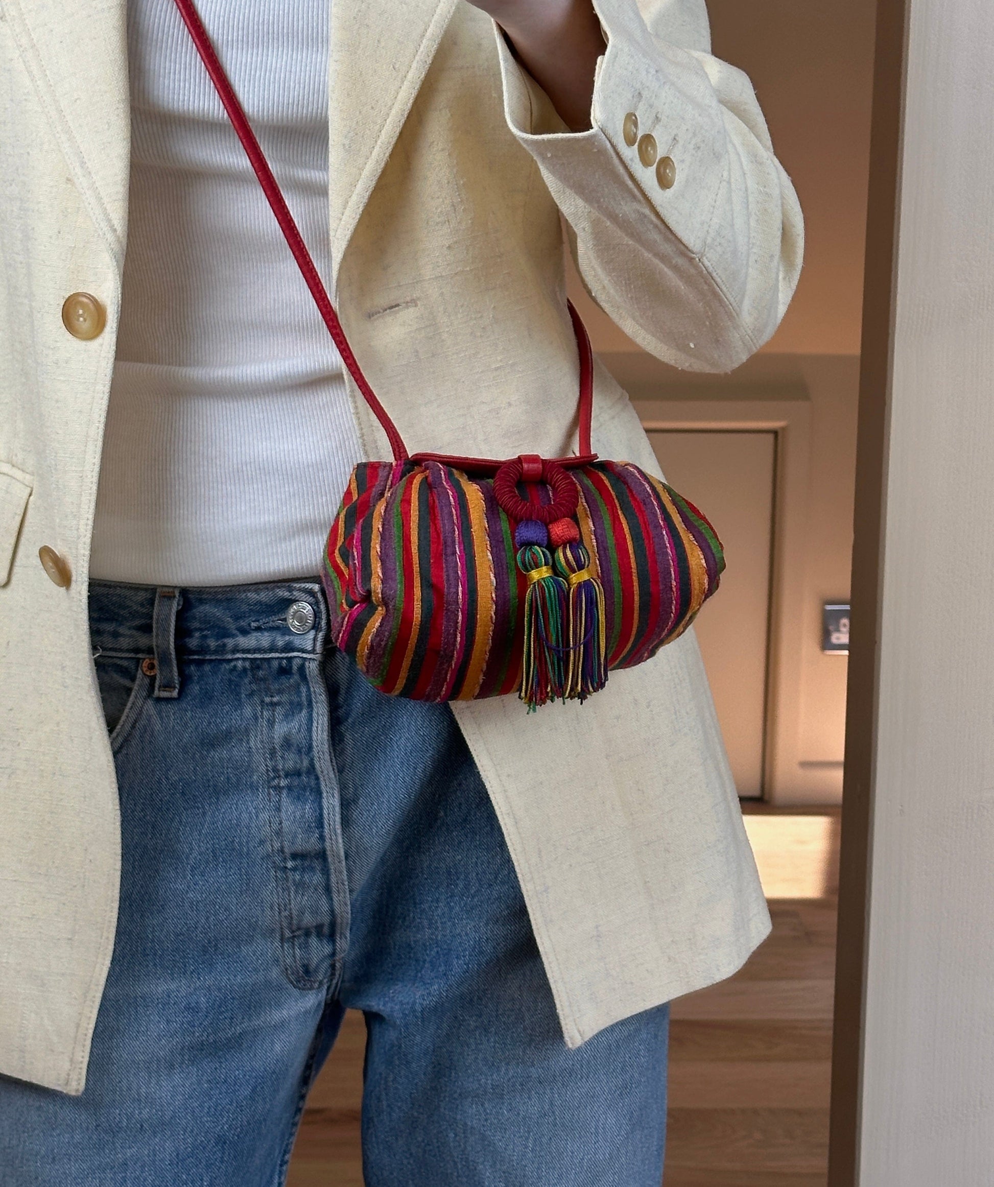 Vintage Loewe Multicolour Fabric Striped Bag With Tassel