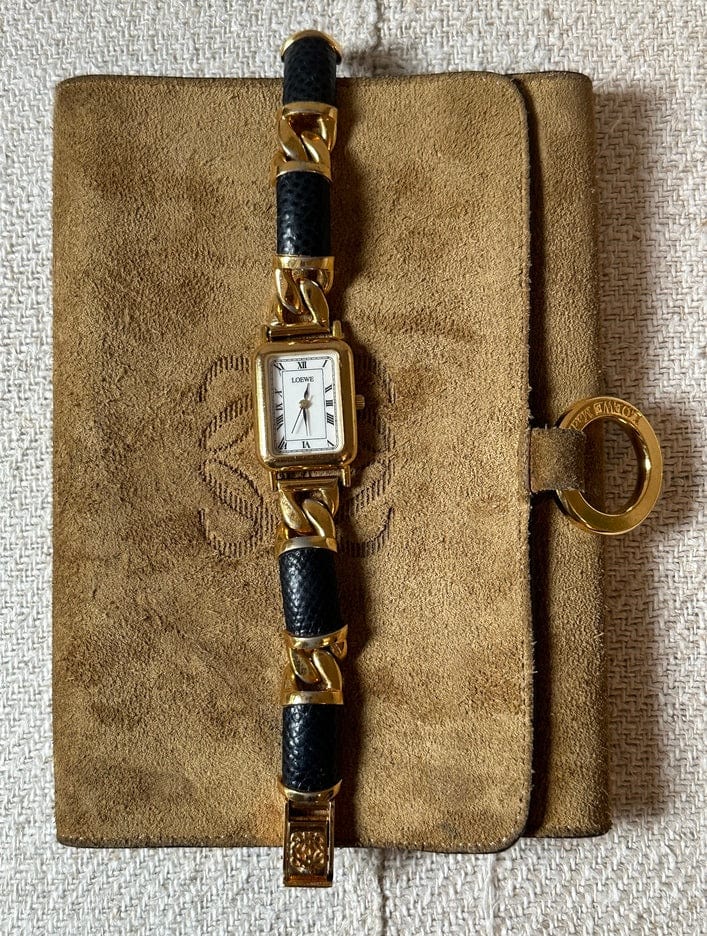 Vintage Loewe Gold Plated Watch With Loewe Suede Pouch