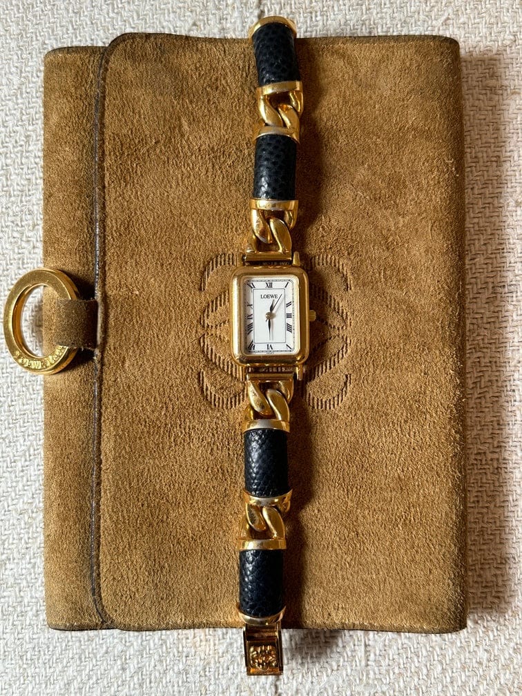 Vintage Loewe Gold Plated Watch With Loewe Suede Pouch