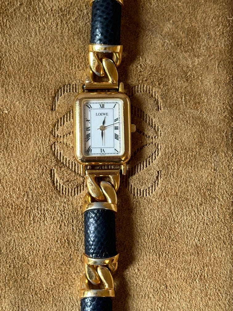 Vintage Loewe Gold Plated Watch With Loewe Suede Pouch