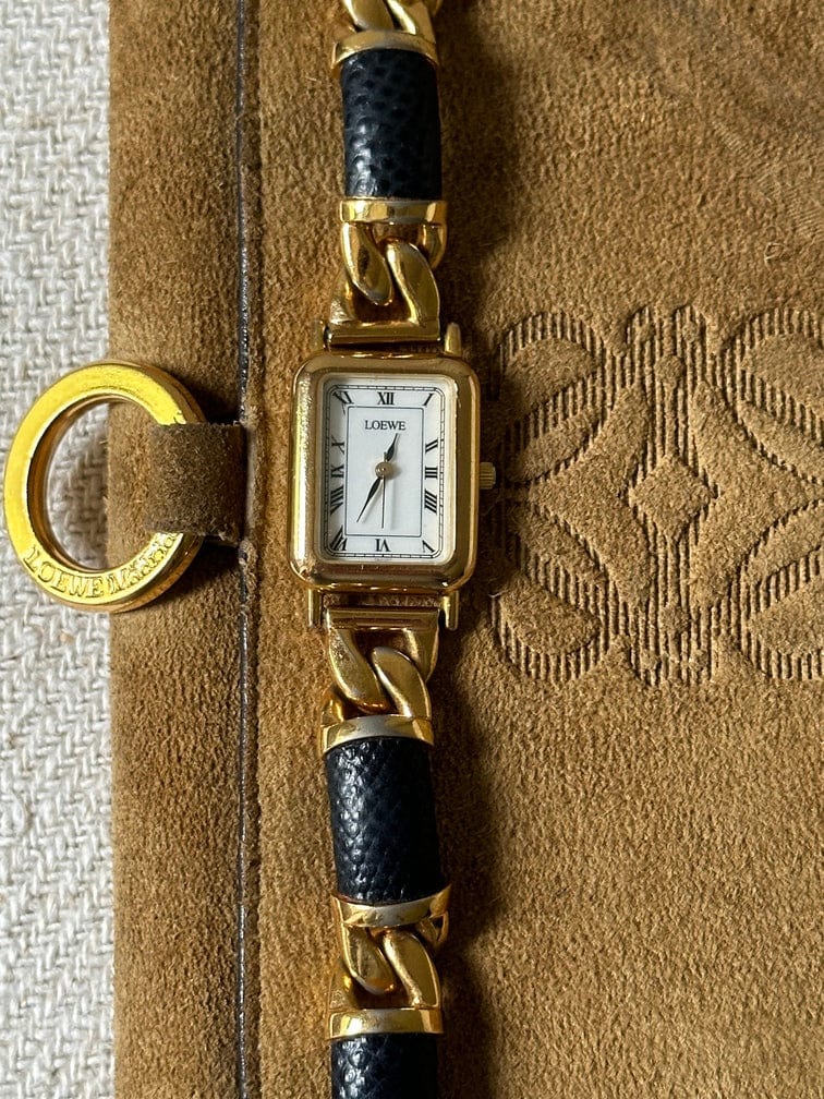 Vintage Loewe Gold Plated Watch With Loewe Suede Pouch