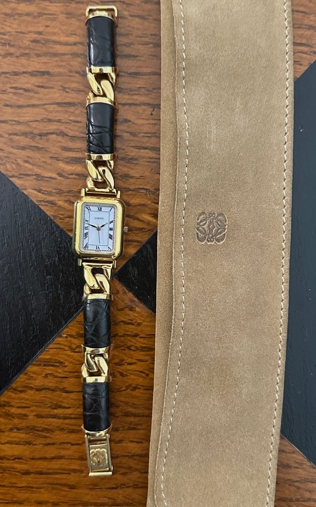 Vintage Loewe Gold Plated Watch With Loewe Suede Pouch